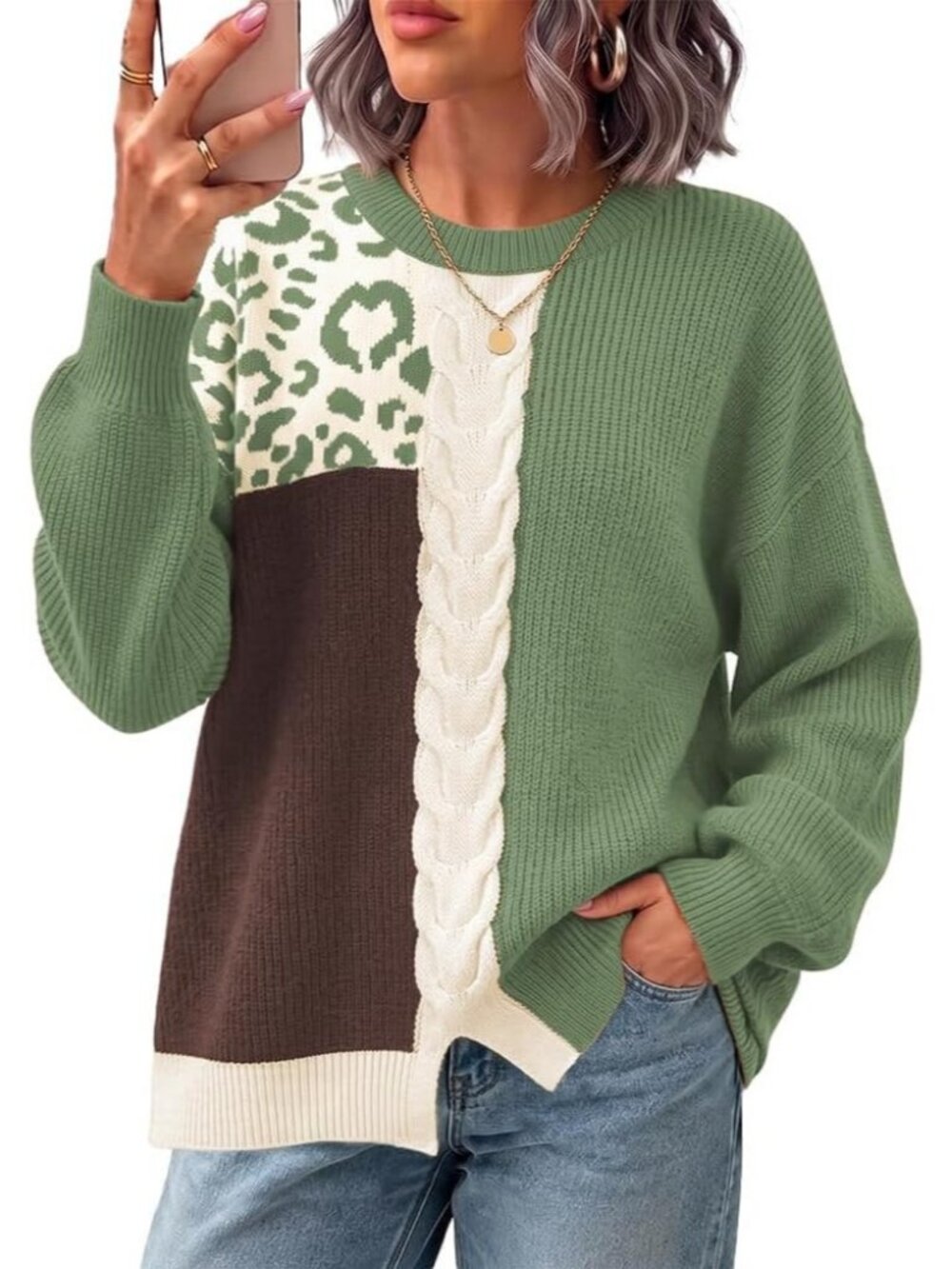 Women's Green NEW Oversized Fall Fashion Clothes Contrast Cable Trendy Sweaters